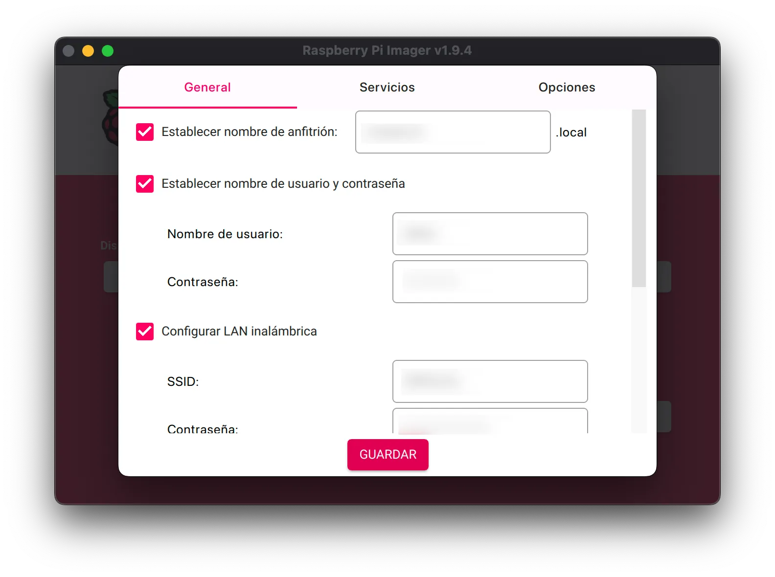 Configuración de ajustes en Raspberry Pi Imager