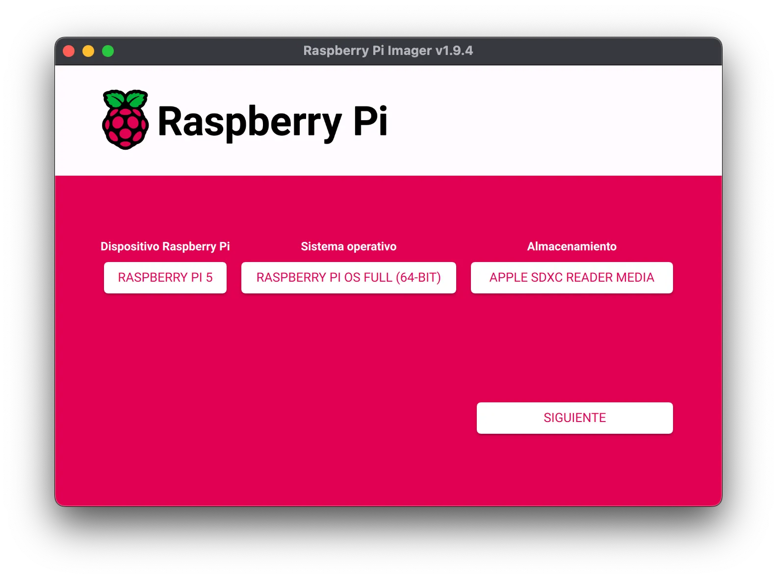 Raspberry Pi Imager mostrando selección de dispositivos