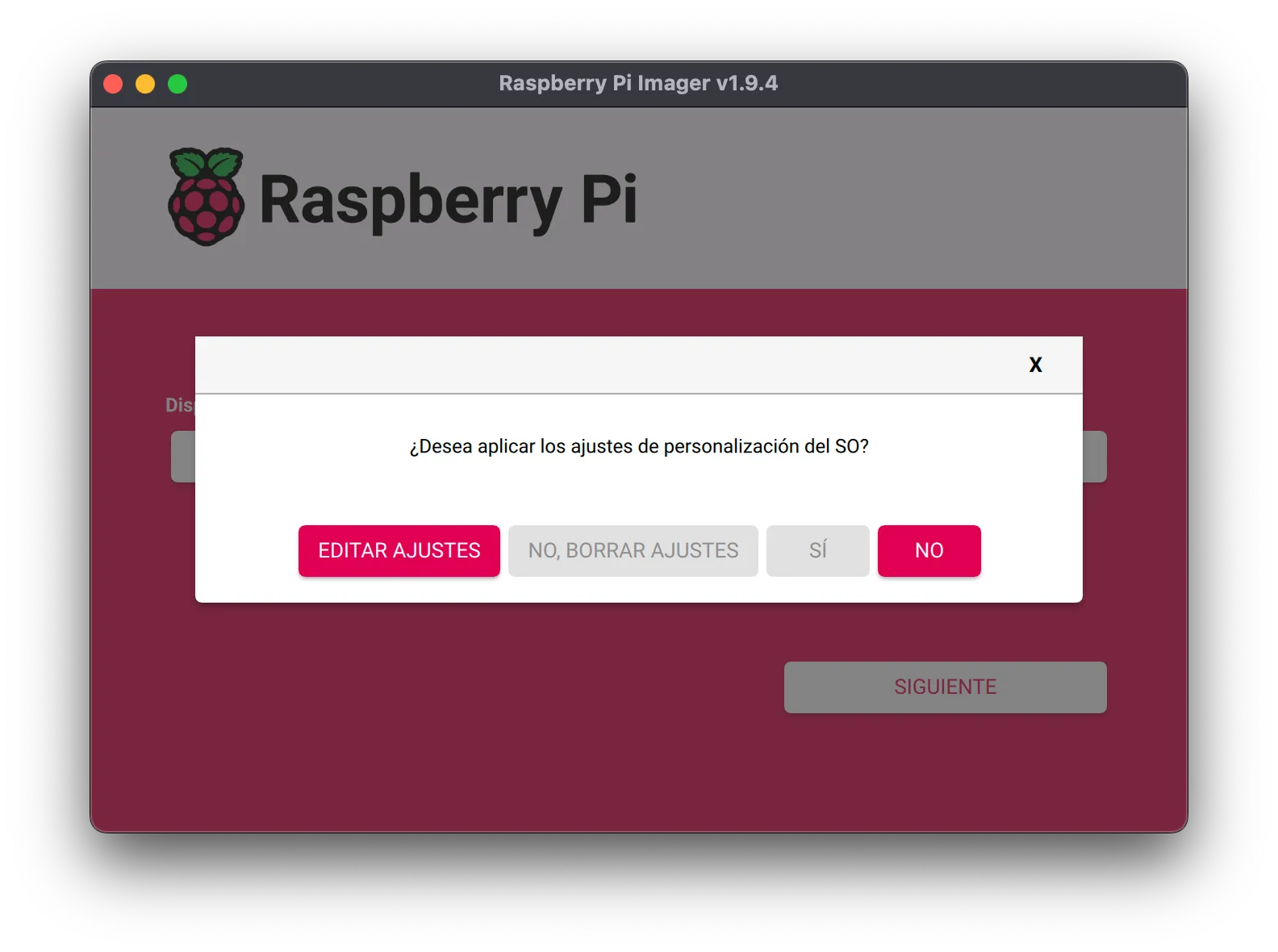 Raspberry Pi Imager preguntando si editar ajustes