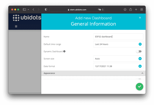 Menú de creación de un dashboard en Ubidots.