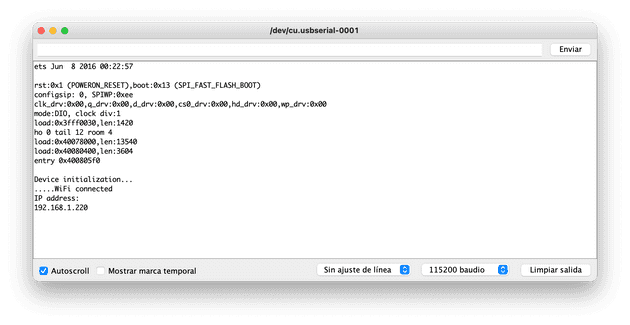 Monitor serie de Arduino IDE mostrando que nos hemos conectado a la red Wi-Fi con éxito.