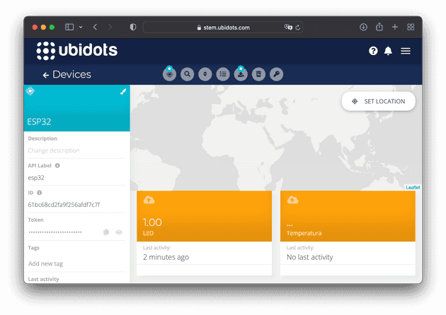 Panel de dispositivo en Ubidots con las variables existentes.