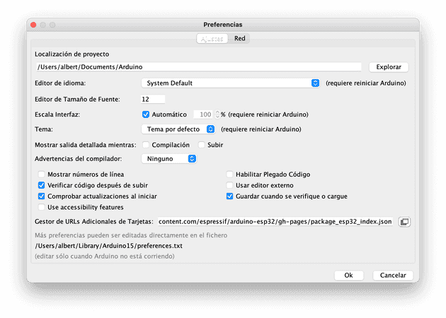 Formulario de preferencias de Arduino IDE.